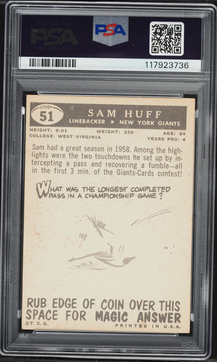 1959 Topps Football Sam Huff ROOKIE #51 PSA 4 VGEX
