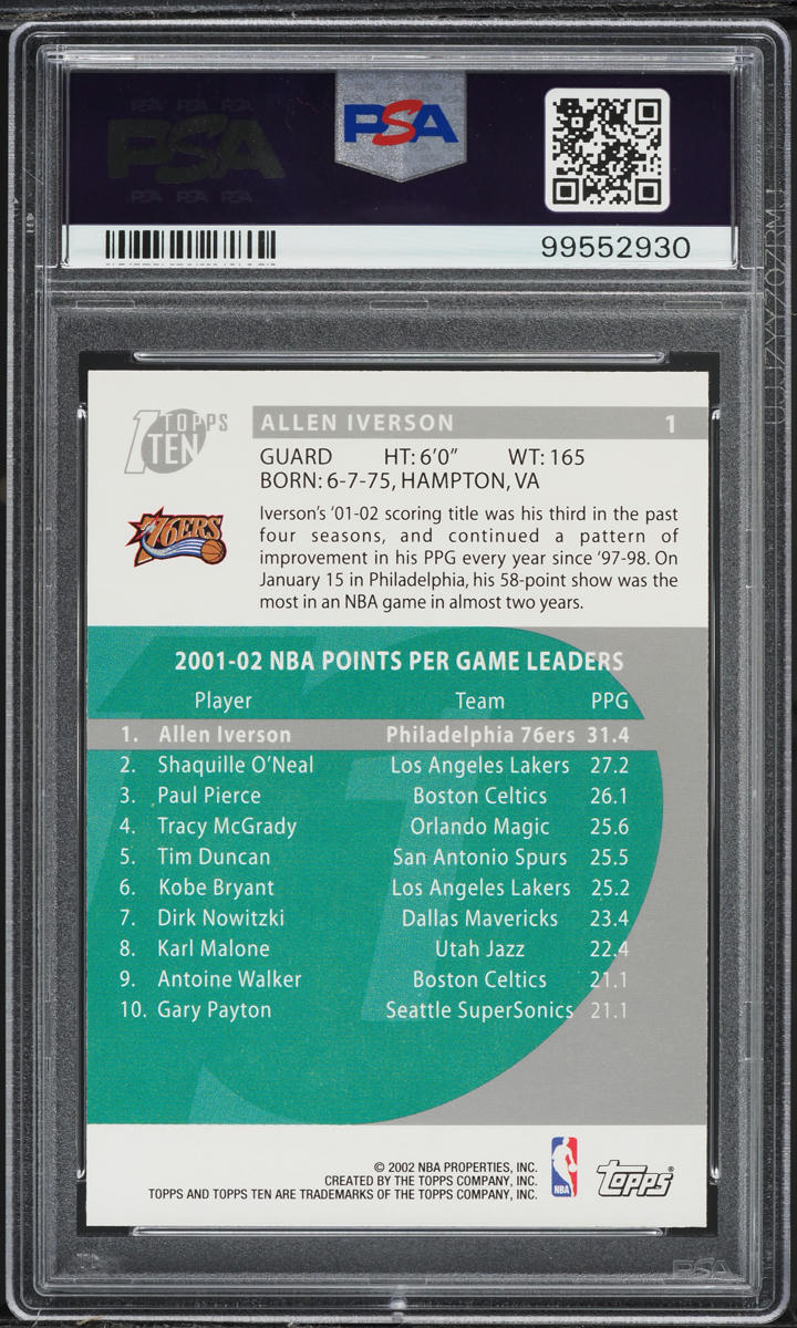 2002 Topps Ten Allen Iverson #1 PSA 10 GEM MINT