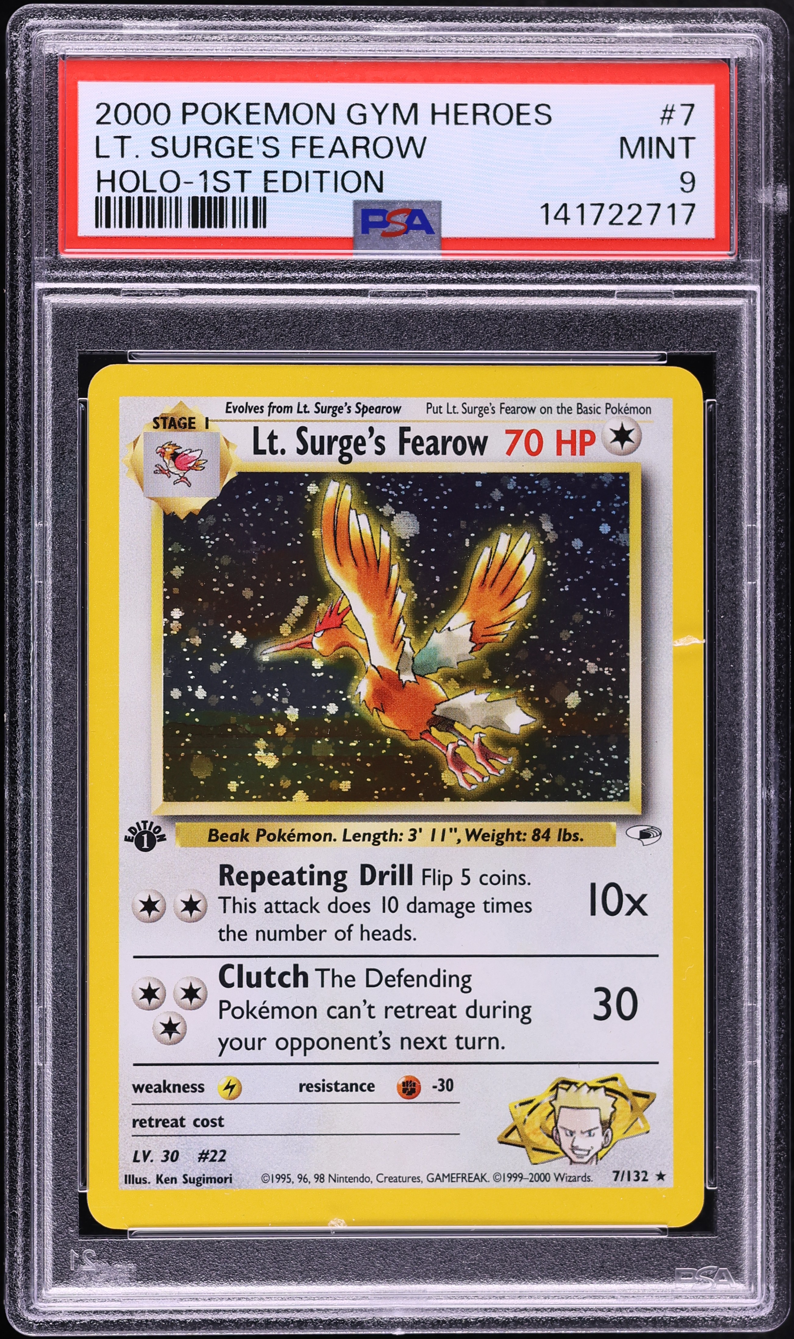 2000 Pokemon Gym Heroes 1st Edition Holo Lt Surge's Fearow #7 PSA 9 MINT