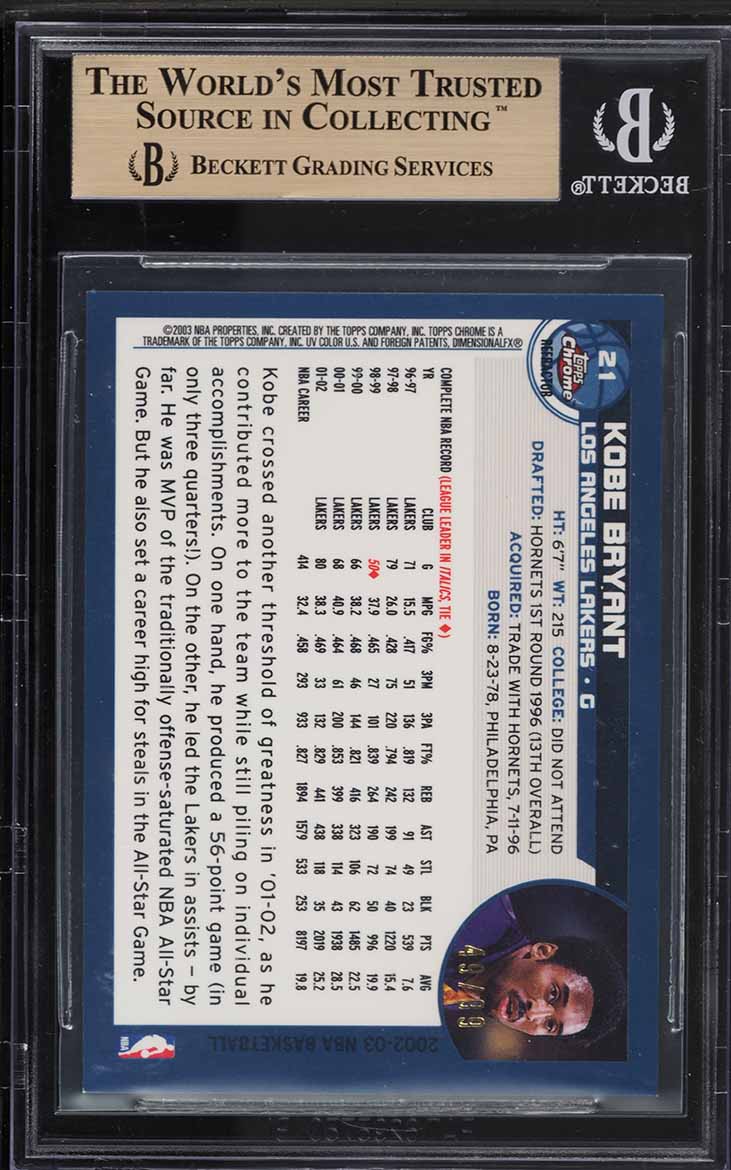 2002 Topps Chrome Black Refractor Kobe Bryant /99 #21 BGS 9.5 GEM MINT