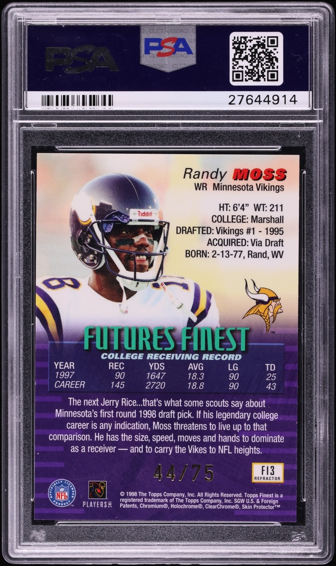 1998 Finest Futures Refractor Randy Moss ROOKIE /75 PSA 10 GEM MINT - Photo 2