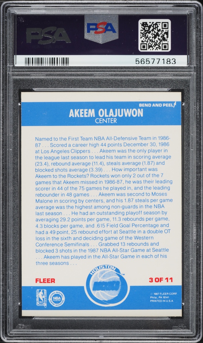 1987 Fleer Sticker Hakeem Olajuwon #3 PSA 8 NM-MT