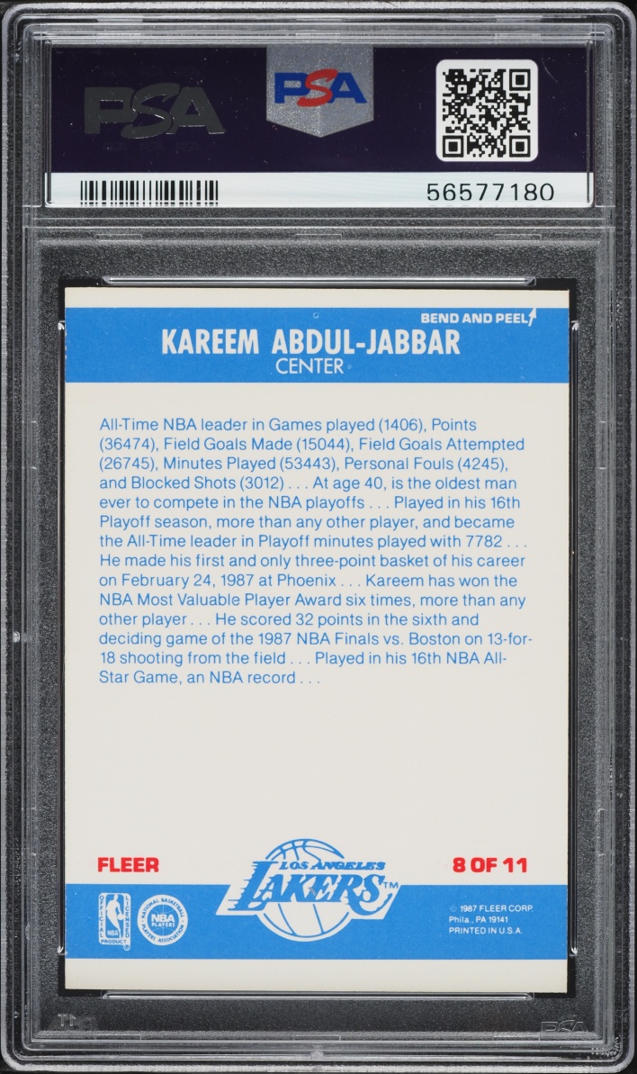 1987 Fleer Sticker Kareem Abdul-Jabbar #8 PSA 8 NM-MT