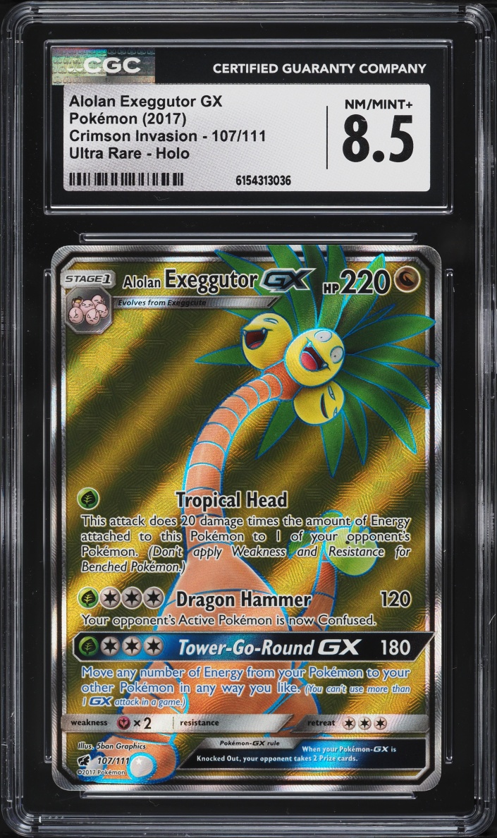 2017 Pokemon Sun & Moon Crimson Invasion Full Art Alolan Exeggutor GX #107 CGC 8.5 NM-MT+