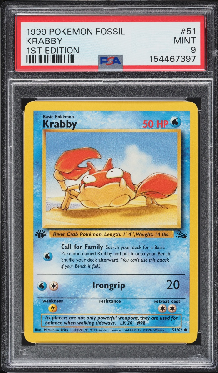 1999 Pokemon Fossil 1st Edition Krabby #51 PSA 9 MINT