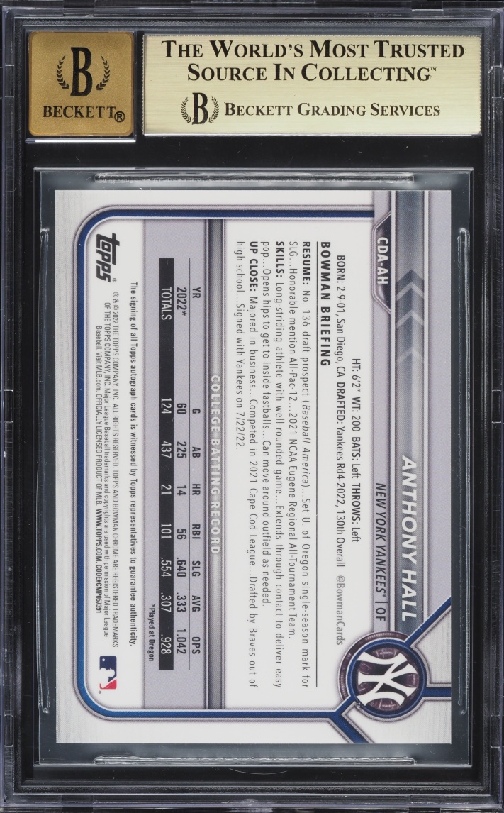 2022 Bowman Chrome Draft Gold Wave Refractor Anthony Hall PROSPECT AUTO /50 #CDA-AH BGS 9.5 GEM