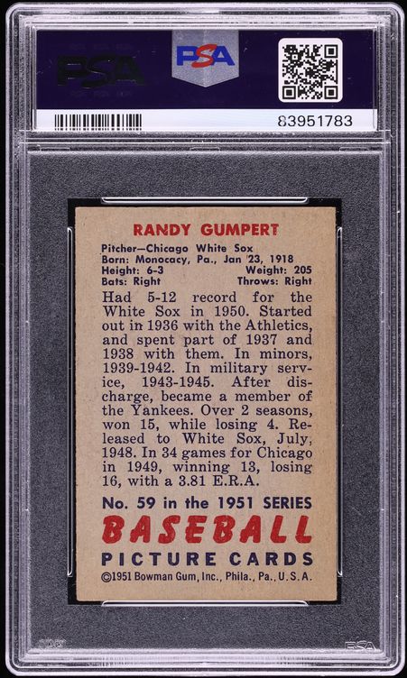 1951 Bowman Randy Gumpert #59 PSA 4 VGEX