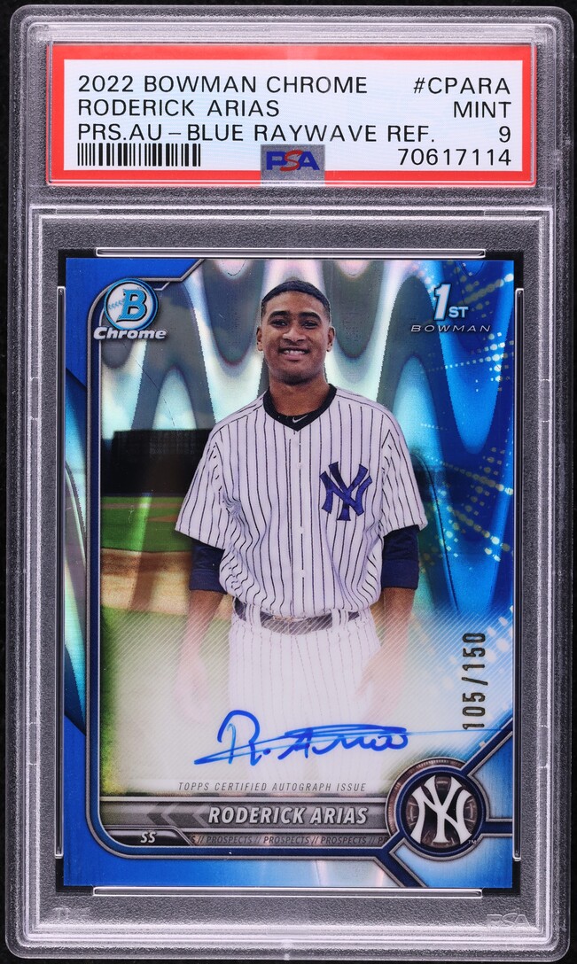 2022 Bowman Chrome Blue Raywave Roderick Arias PROSPECT AUTO /150 PSA 9 MINT
