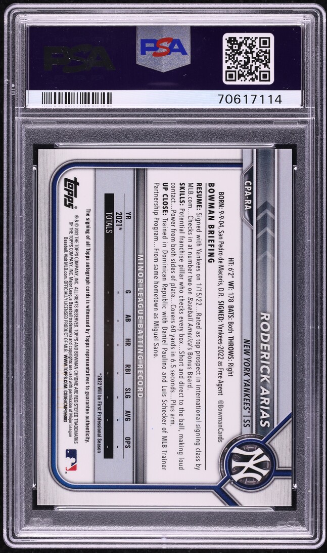 2022 Bowman Chrome Blue Raywave Roderick Arias PROSPECT AUTO /150 PSA 9 MINT
