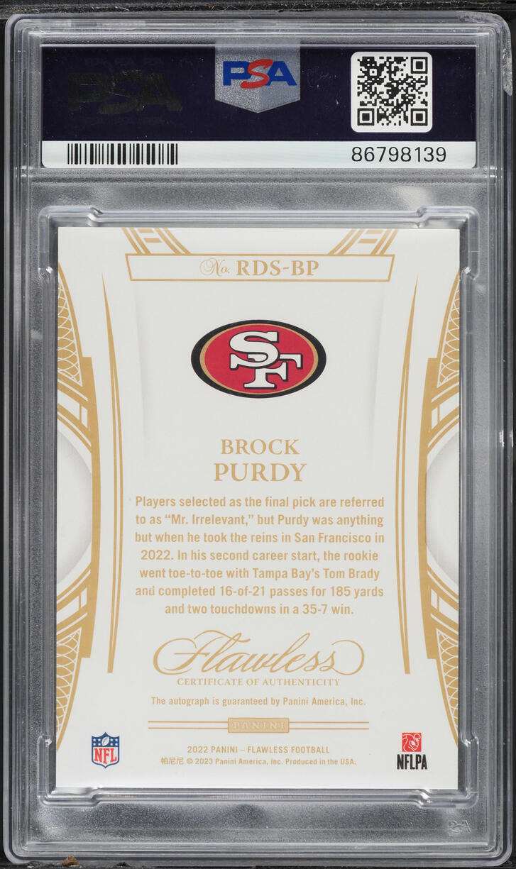 2022 Panini Flawless Debut Brock Purdy ROOKIE AUTO DNA 10 /25 #RDS-BP PSA 10 GEM