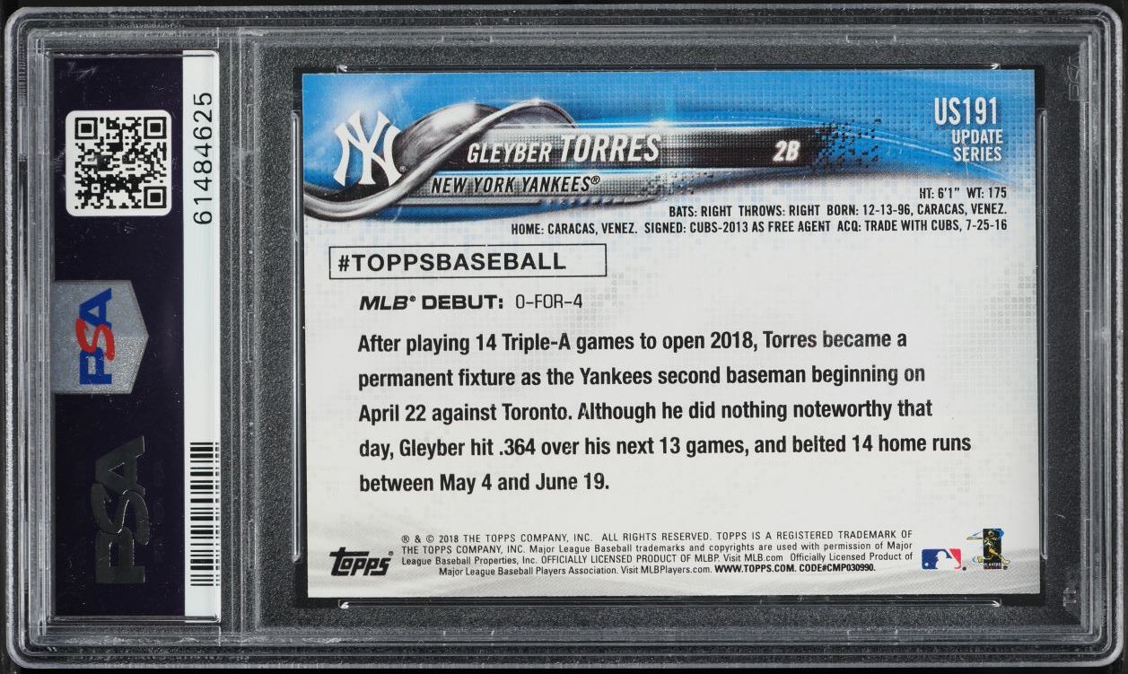 2018 Topps Update Gleyber Torres ROOKIE #US191 PSA 10 GEM MINT