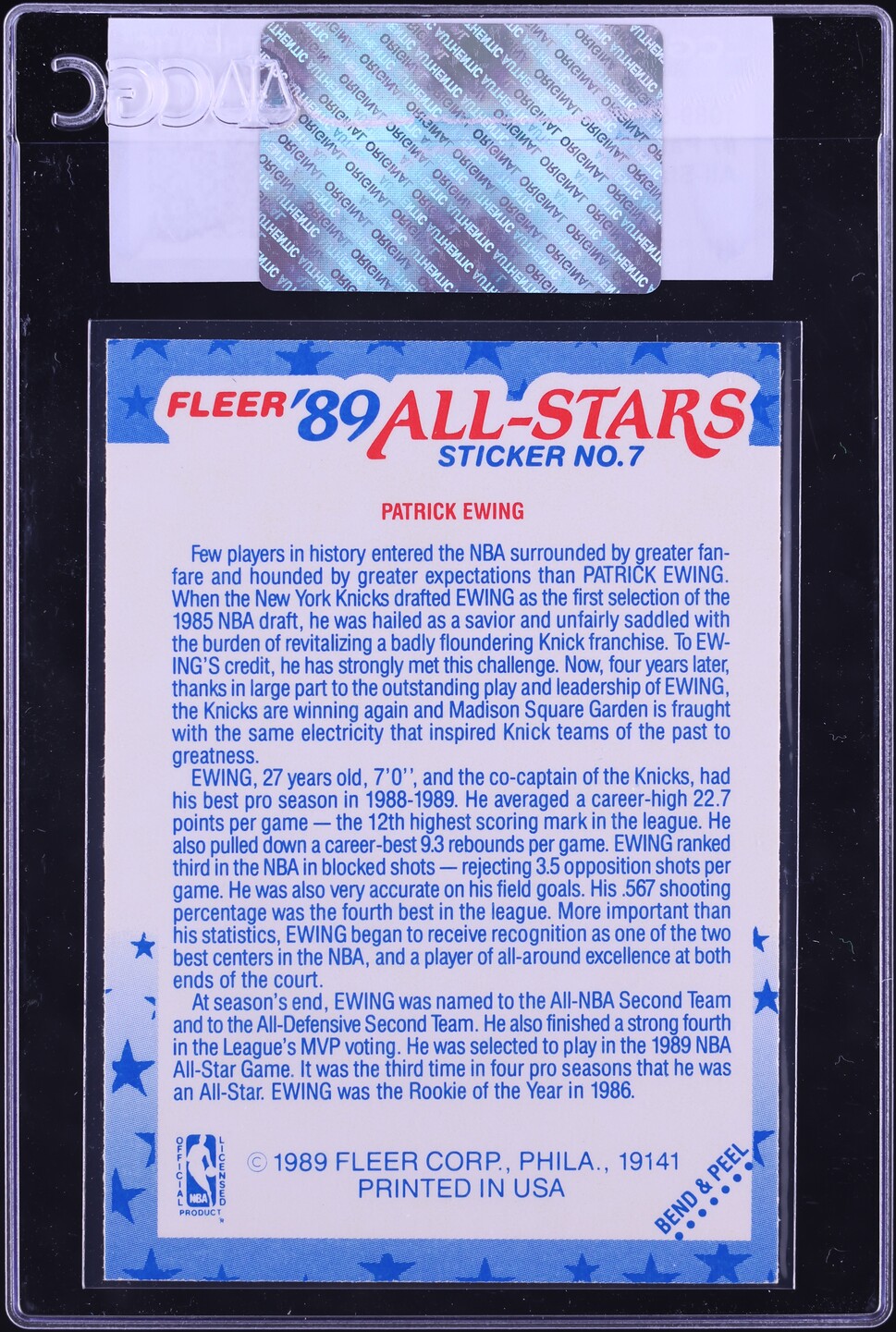 1989 Fleer Stickers All-Star Patrick Ewing #7 CGC AUTH