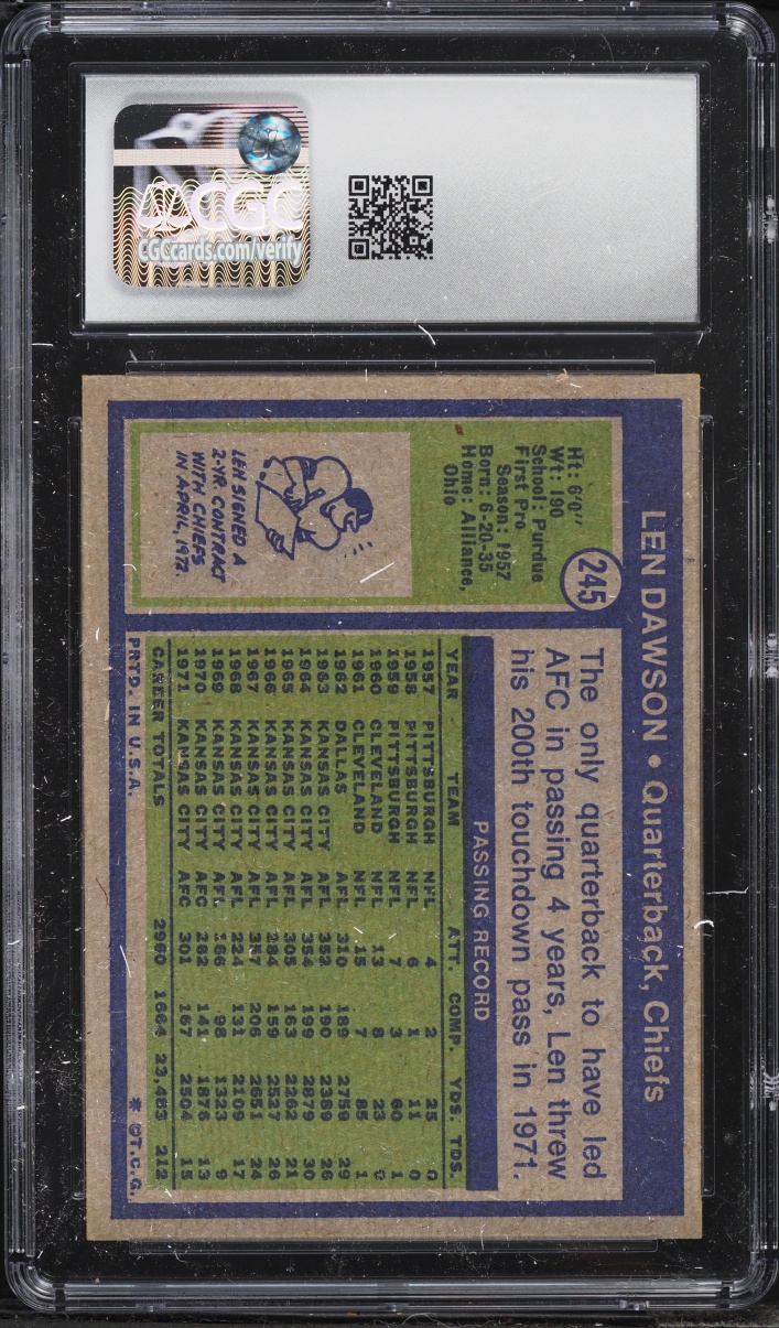 1972 Topps Football Len Dawson #245 CGC 6 EXMT