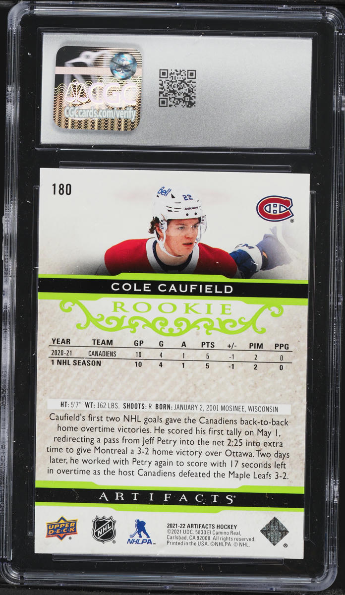 2021 Upper Deck Artifacts Neon Green Cole Caufield ROOKIE #180 CGC 10 GEM MINT