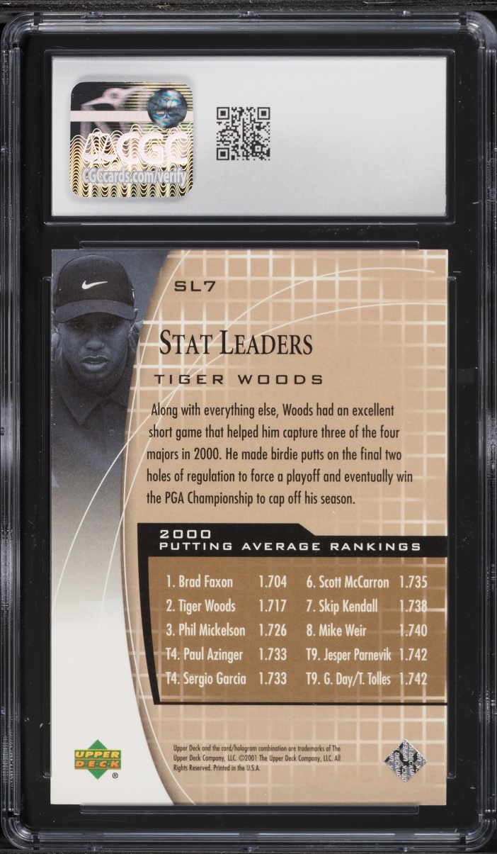 2001 Upper Deck Stat Leaders '00 Putting Average Tiger Woods ROOKIE #SL7 CGC 9 MINT