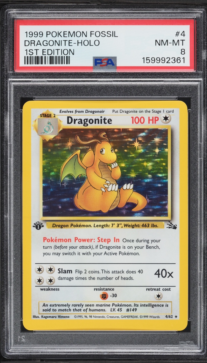 1999 Pokemon Fossil 1st Edition Holo Dragonite #4 PSA 8 NM-MT