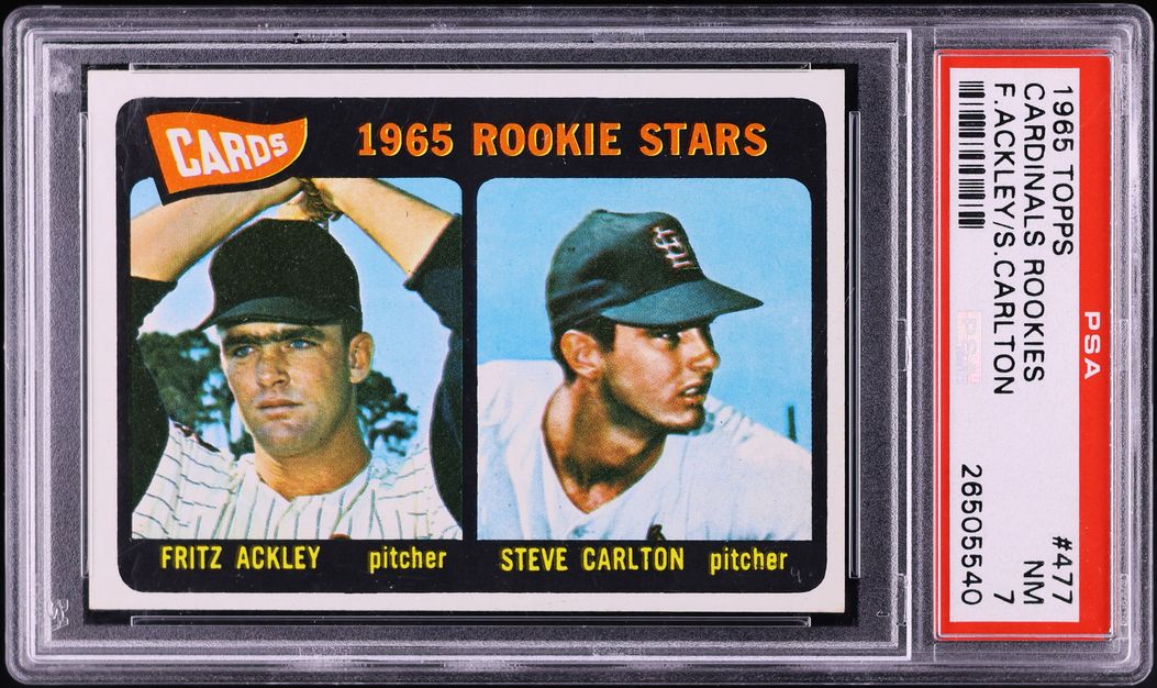 1965 Topps Cardinals Fritz Ackley & Steve Carlton ROOKIE #477 PSA 7 NRMT