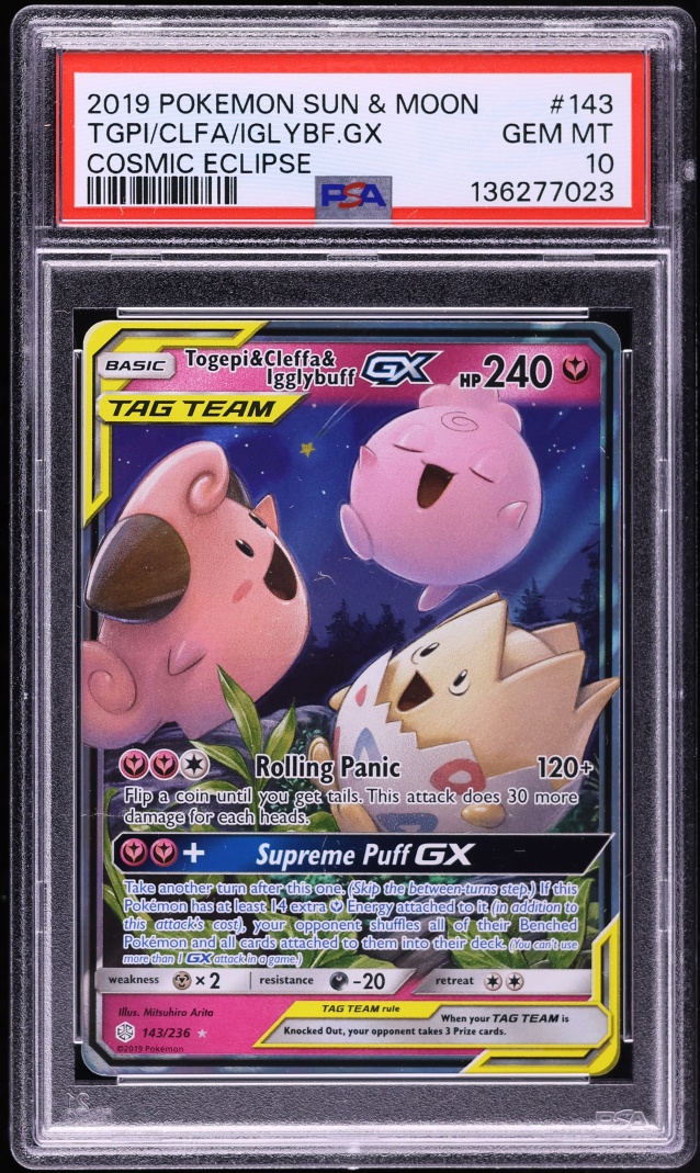 2019 Pokemon Sun & Moon Cosmic Eclipse Holo Togepi & Cleffa & Igglybuff GX #143 PSA 10 GEM MINT