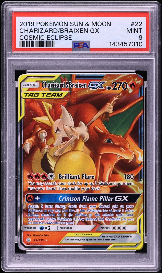 2019 Pokemon Sun & Moon Cosmic Eclipse Charizard & Braixen GX #22 PSA 9 MINT