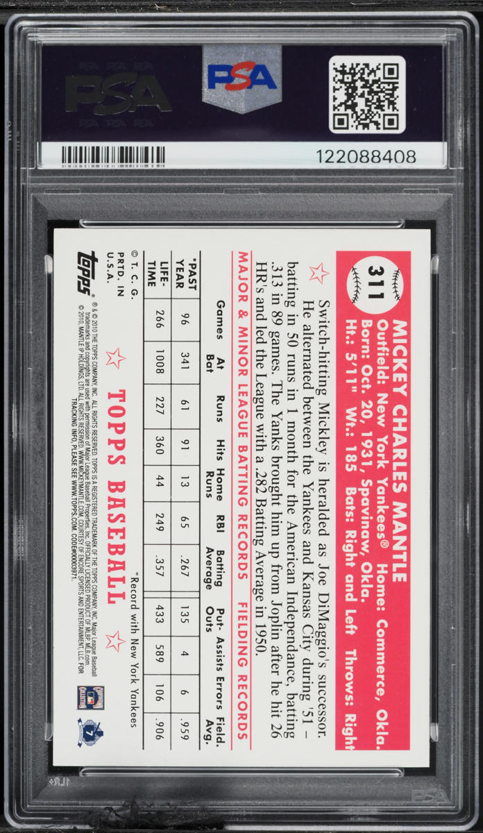 2010 Topps Cards Your Mom Threw Out Original Back Mickey Mantle #311 PSA 10 GEM MINT