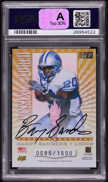 1999 Donruss Elite Passing The Torch Walter Payton & Barry Sanders AUTO /100 #4 PSA 9 MINT