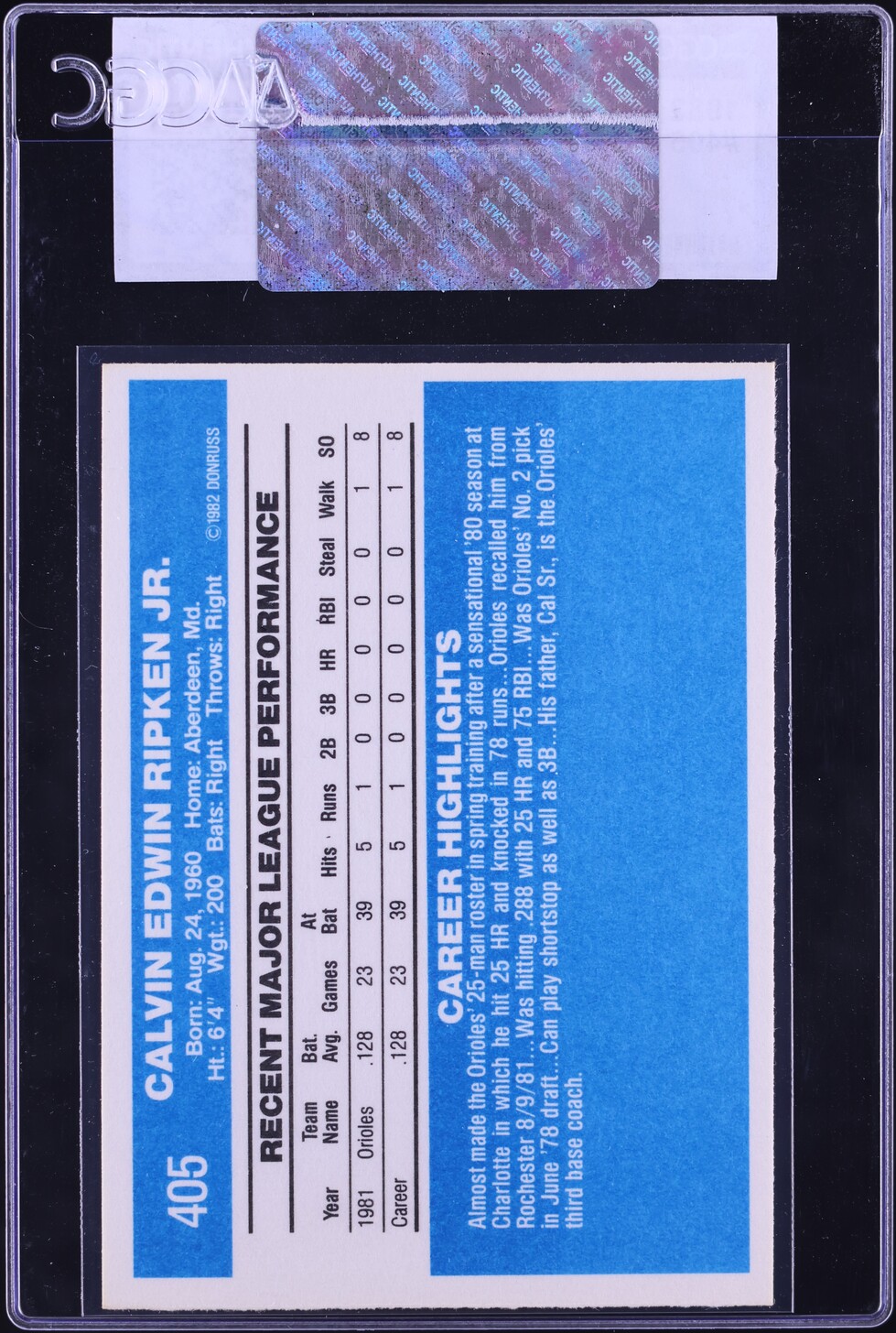 1982 Donruss Cal Ripken Jr. ROOKIE #405 CGC AUTH