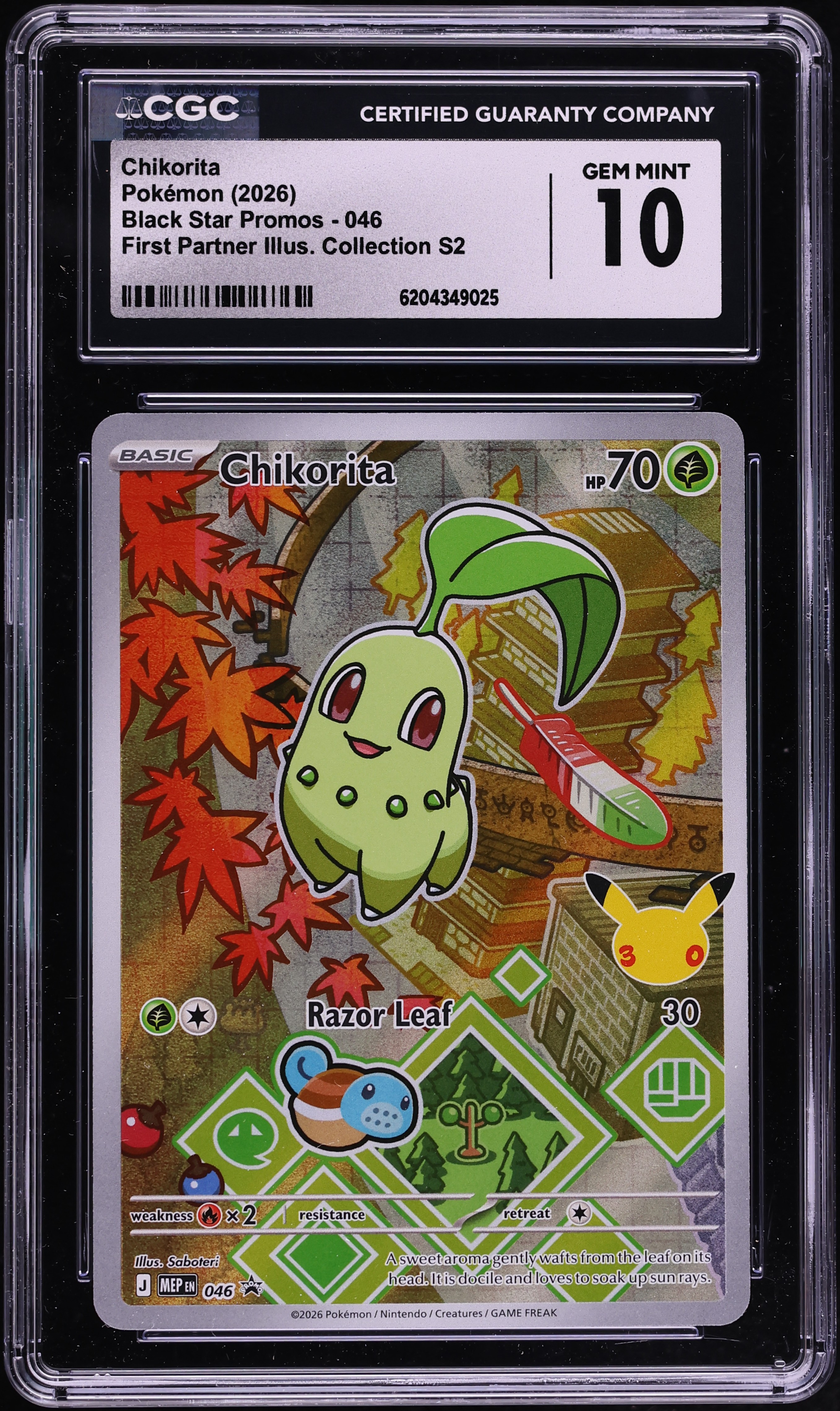 2026 Pokemon Mega Promo First Partner Illustration S2 Full Art Chikorita #46 CGC 10 GEM MINT
