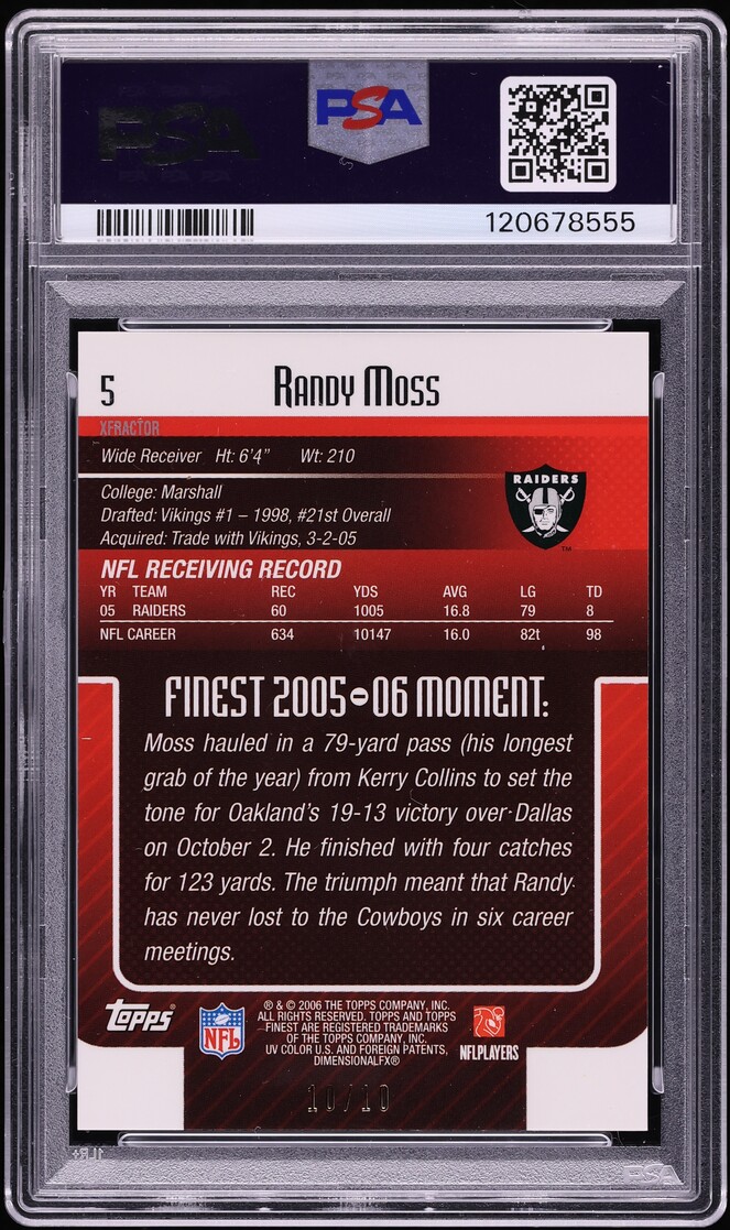 2006 Finest Gold Xfractor Randy Moss 10/10 #5 PSA 8 NM-MT - Photo 2
