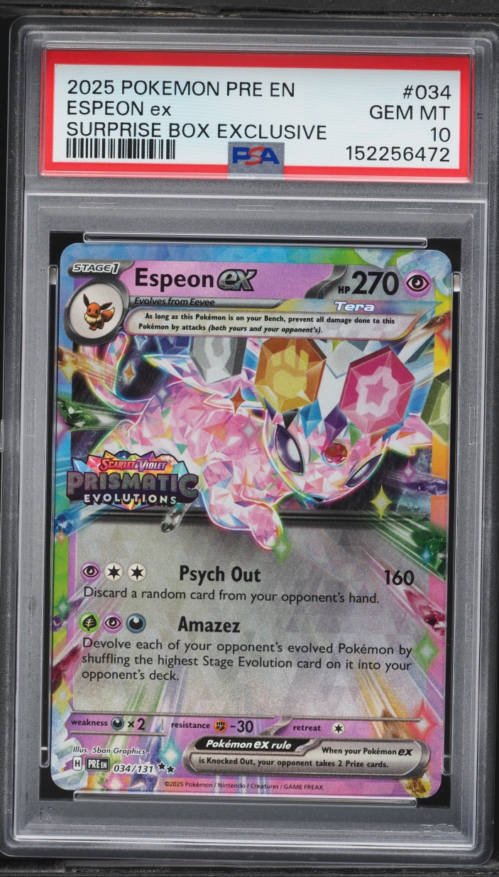 2025 Pokemon Scarlet & Violet Prismatic Evolutions Surprise Box Espeon EX #34 PSA 10 GEM MINT