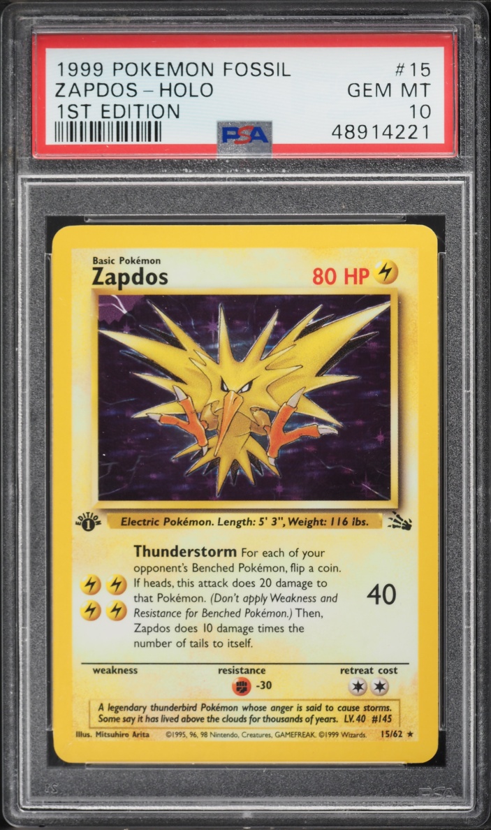1999 Pokemon Fossil 1st Edition Holo Zapdos #15 PSA 10 GEM MINT