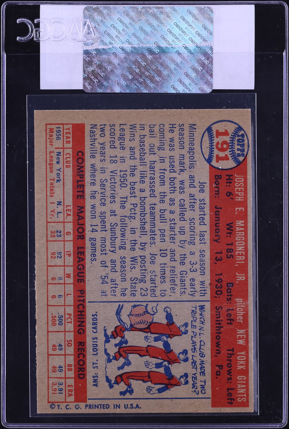 1957 Topps Joe Margoneri #191 CGC AUTH