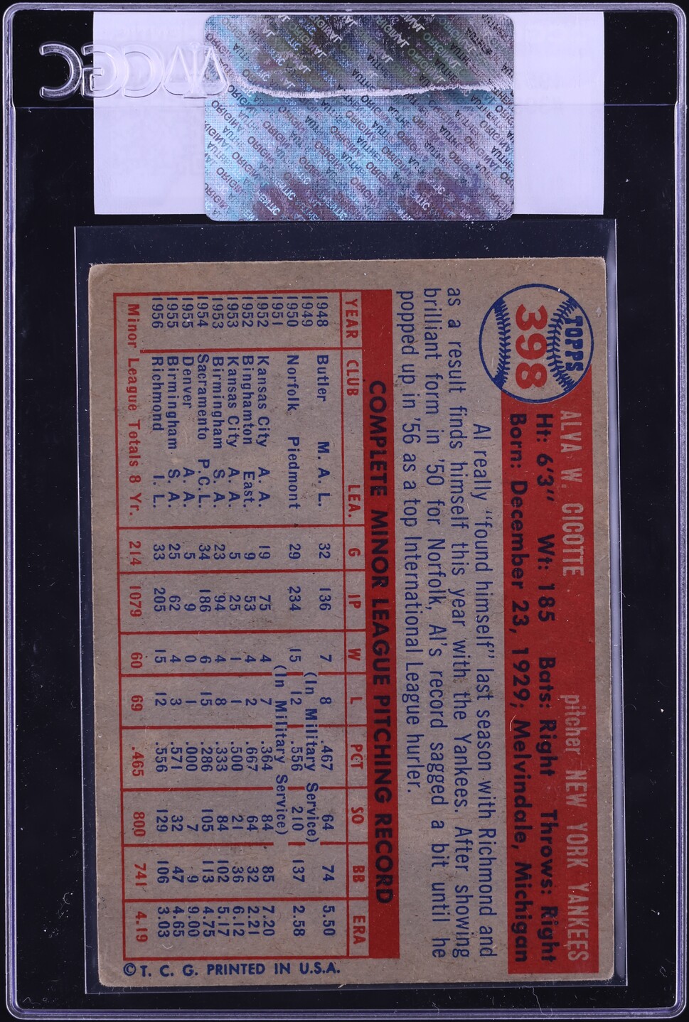 1957 Topps Al Cicotte ROOKIE #398 CGC AUTH