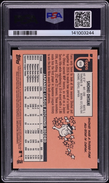 2018 Topps Heritage Shohei Ohtani ROOKIE #600 PSA 7 NRMT