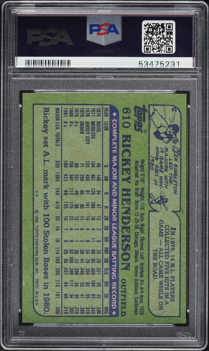 1982 Topps Rickey Henderson #610 PSA 9 MINT