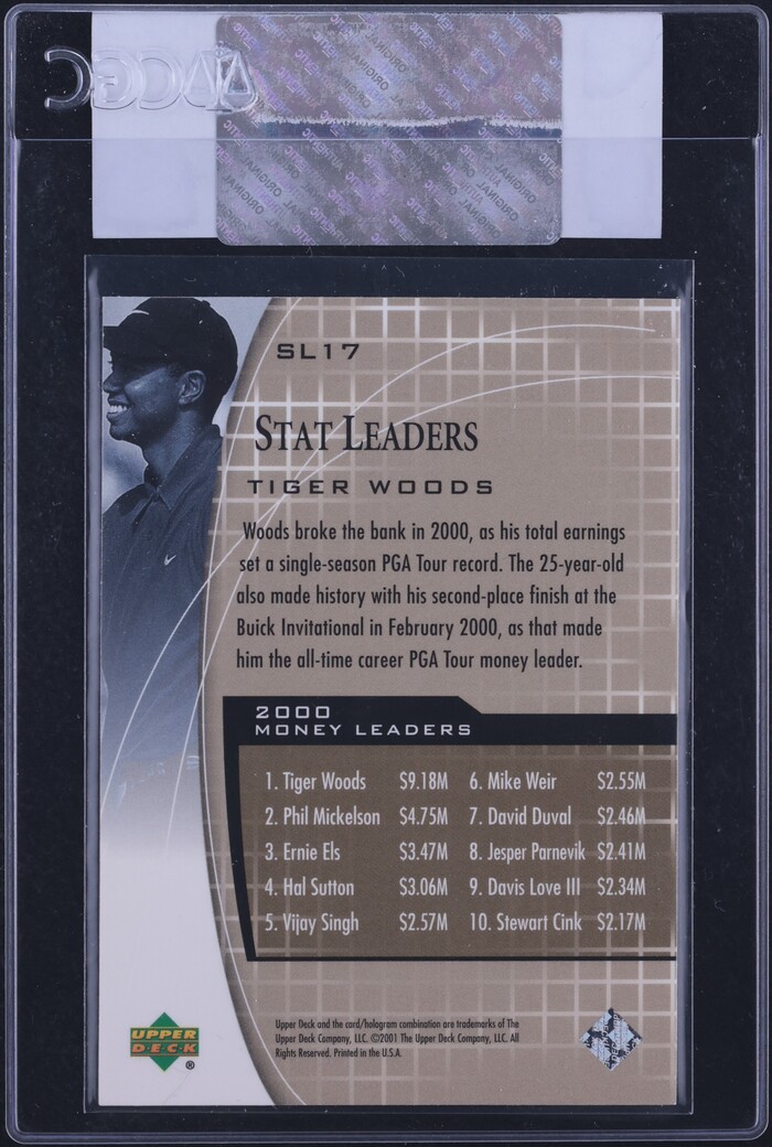 2001 Upper Deck Stat Leaders Tiger Woods ROOKIE #SL17 CGC AUTH