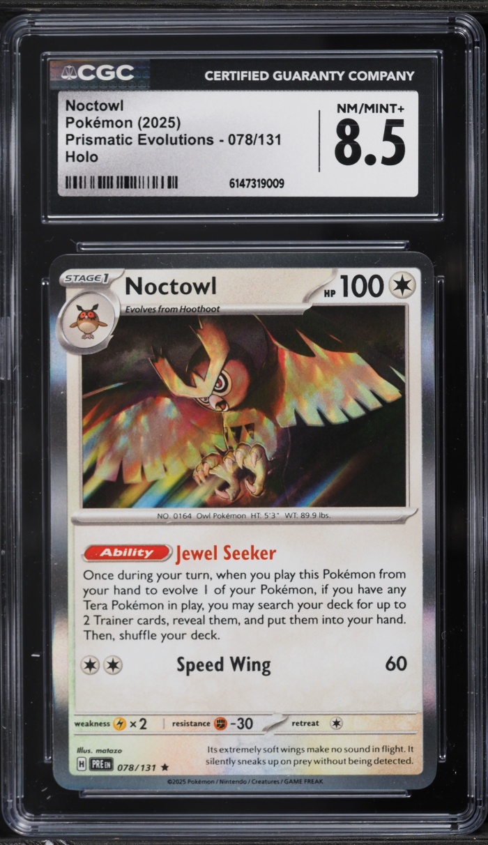 2025 Pokemon Scarlet & Violet Prismatic Evolutions Holo Noctowl #78 CGC 8.5 NM-MT+