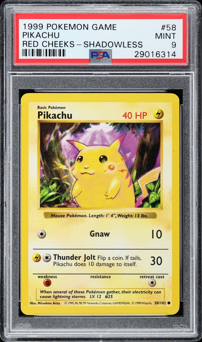 1999 Pokemon Base Set Shadowless Red Cheeks Pikachu #58 PSA 9 MINT