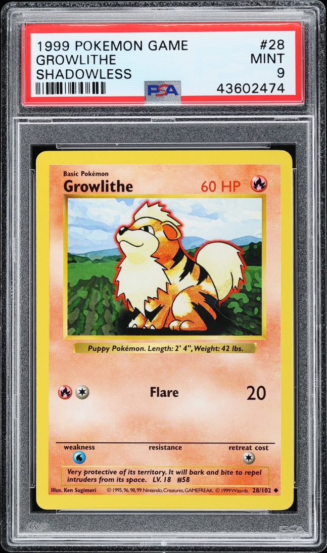 1999 Pokemon Base Set Shadowless Growlithe #28 PSA 9 MINT
