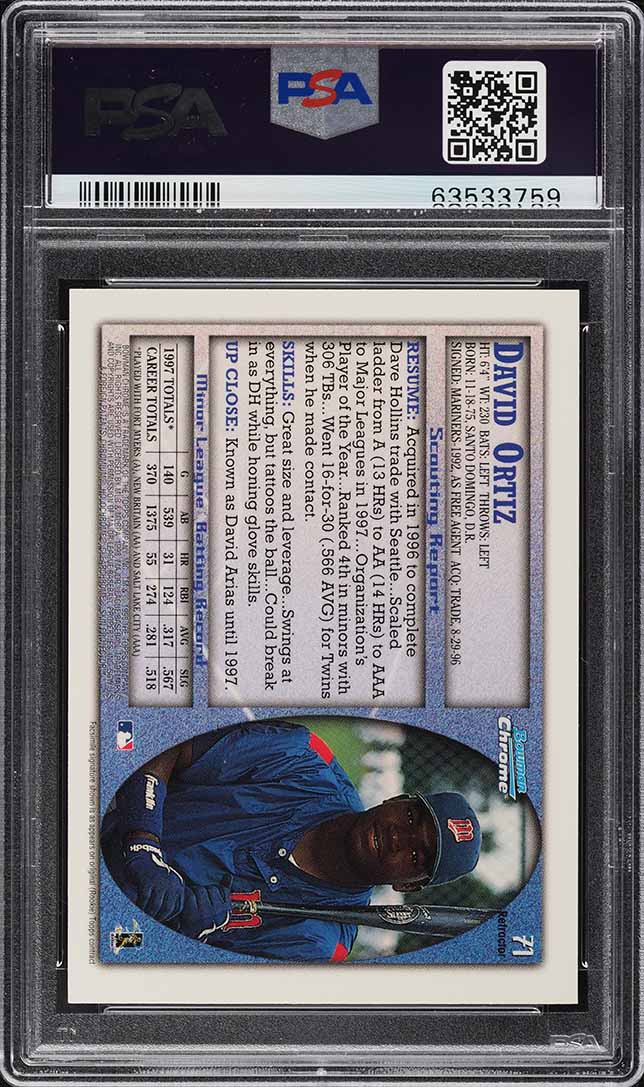 1998 Bowman Chrome Refractor David Ortiz ROOKIE #71 PSA 10 GEM MINT