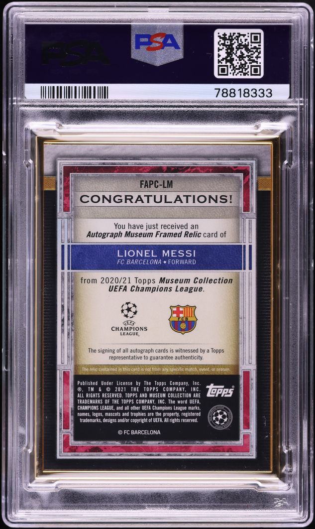 2020 Topps Museum Collection UEFA Framed Lionel Messi PATCH AUTO 1/1 #FAPC-LM PSA 8 NM-MT