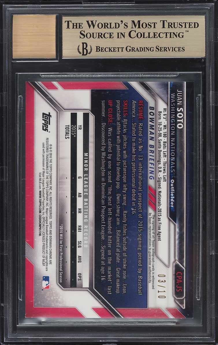 2016 Bowman Chrome Orange Shimmer Refractor Juan Soto ROOKIE AUTO /10 BGS 9.5