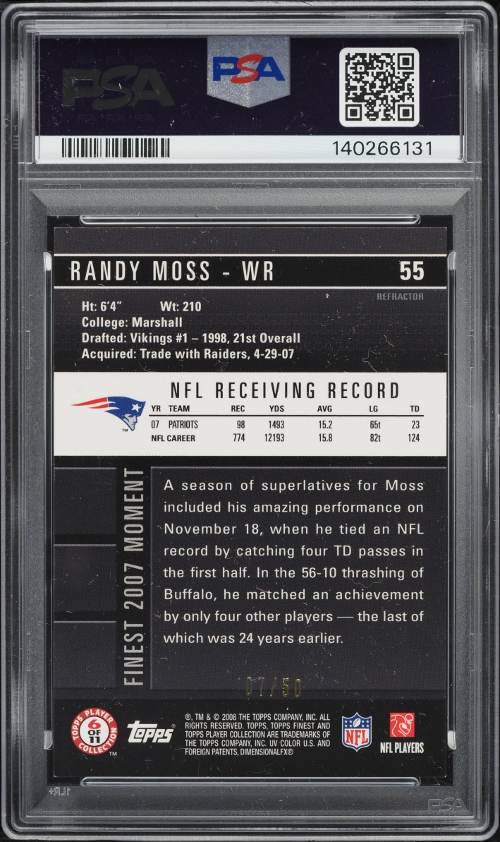 2008 Finest Gold Refractor Randy Moss /50 #55 PSA 9 MINT