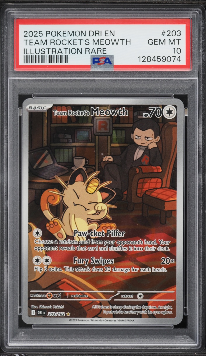 2025 Pokemon Scarlet & Violet Destined Rivals IR Team Rocket's Meowth #203 PSA 10 GEM MINT