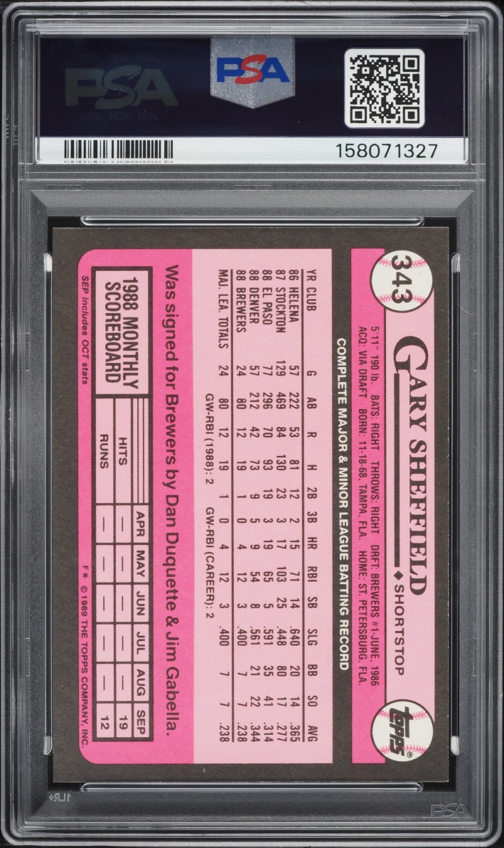 1989 Topps Tiffany Gary Sheffield ROOKIE #343 PSA 9 MINT