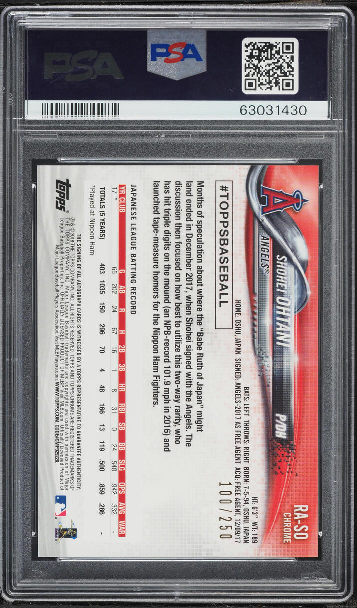 2018 Topps Chrome Purple Refractor Shohei Ohtani ROOKIE AUTO DNA 10 /250 #RA-SO PSA 9 MINT