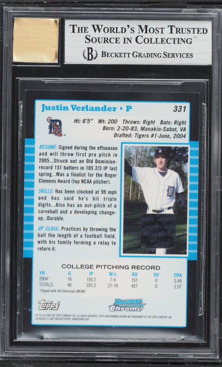 2005 Bowman Chrome Justin Verlander PROSPECT AUTO #331 BGS 9 MINT