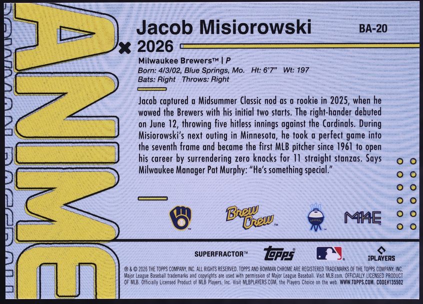 2026 Bowman Anime Superfractor Jacob Misiorowski ROOKIE 1/1 #BA-20 CGC AUTH
