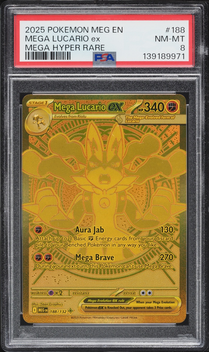 2025 Pokemon Mega Evolution Gold Rare Mega Lucario ex #188 PSA 8 NM-MT