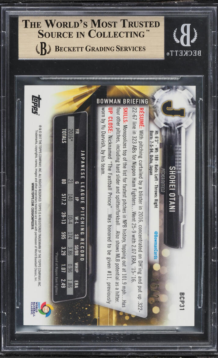 2017 Bowman Chrome Mega Box Orange Refractor Shohei Ohtani PROSPECT JSY # 16/25  BGS 10 GEM