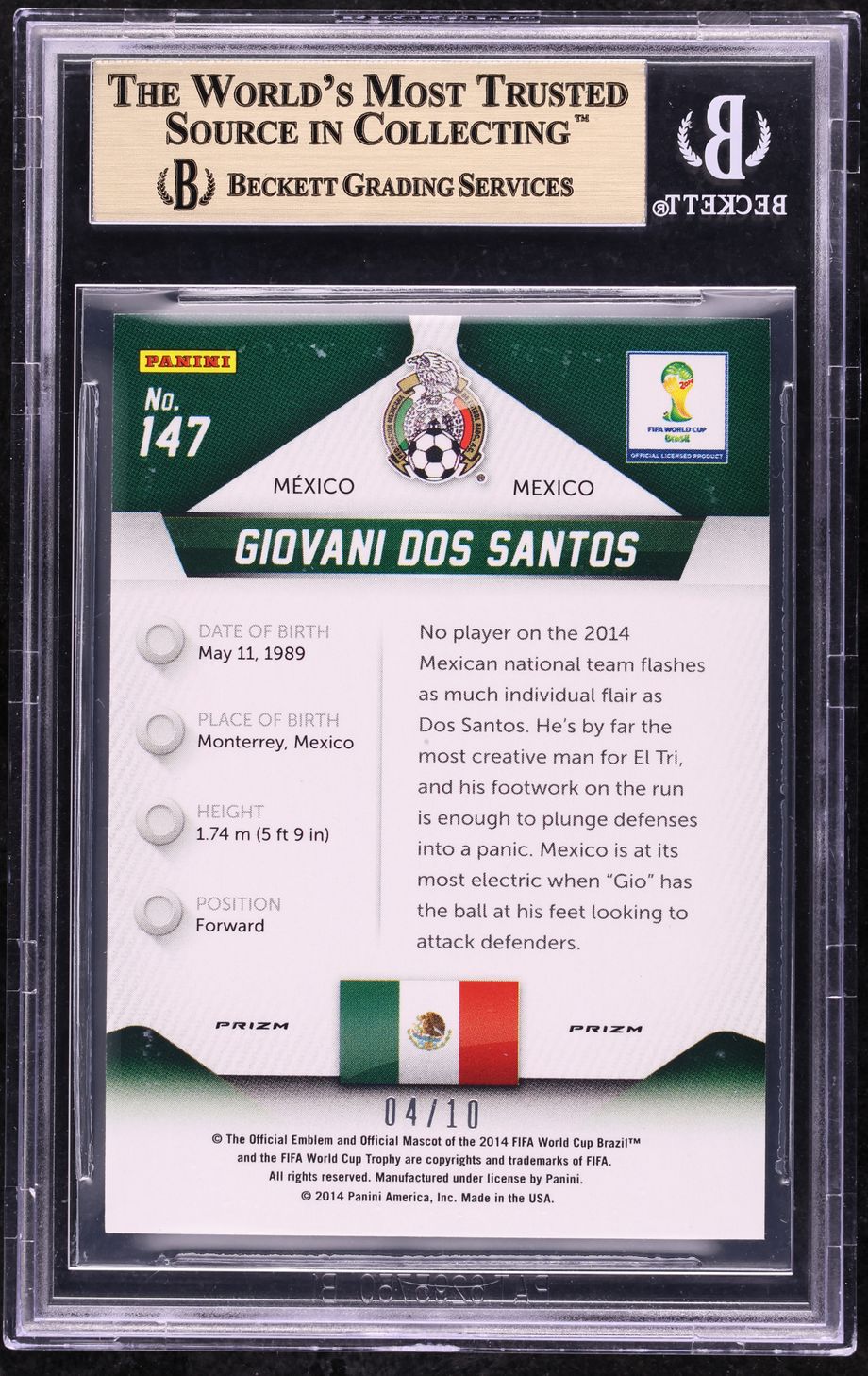 2014 Panini Prizm World Cup Gold Giovani Dos Santos /10 #147 BGS 9.5 GEM MINT